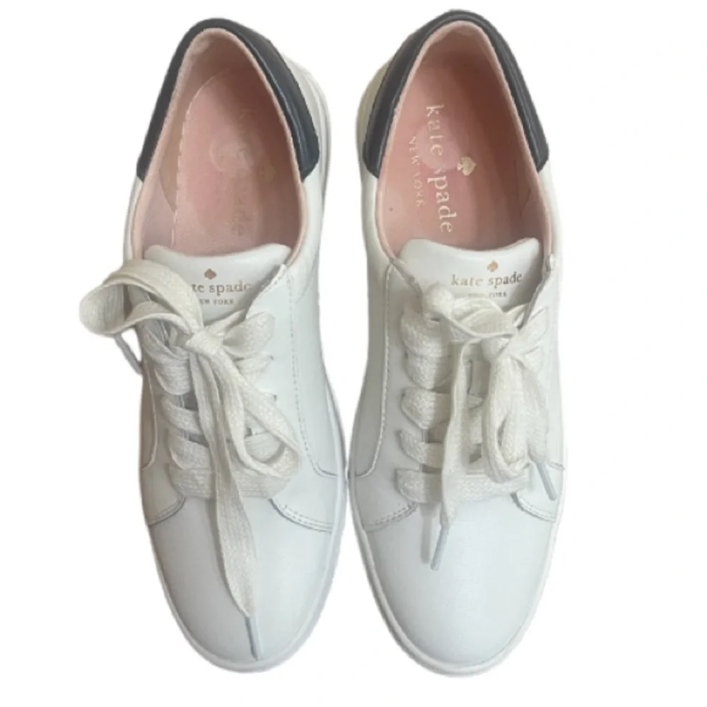 KATE SPADE WHITE LEATHER TRAINER SNEAKERS BLACK ACCENTS 8.5